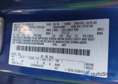 2018 Ford Escape Se из США, поврежденный, VIN 1FMCU0GD2JUD35938